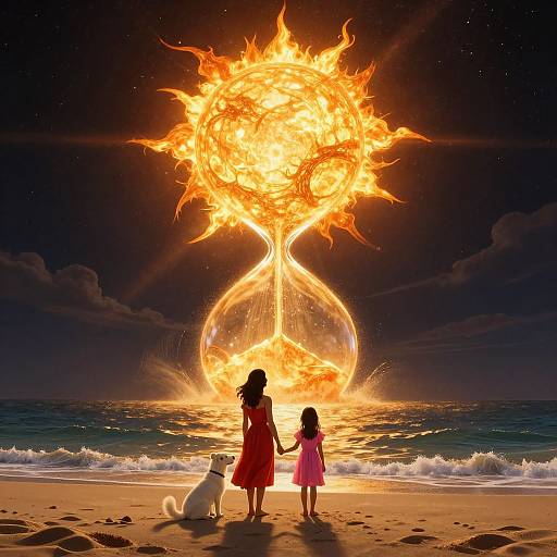Digital artwork: A girl in a red dress and a girl in a pink dress hold hands with a white dog, watching a massive, fiery, sun
