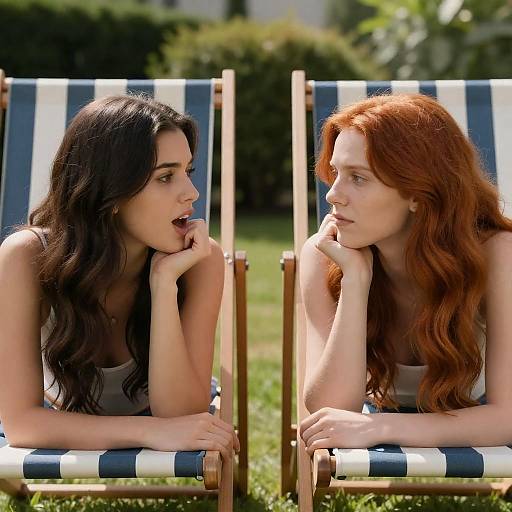 Two Women Reclining on Striped Lounge Chairs in Garden