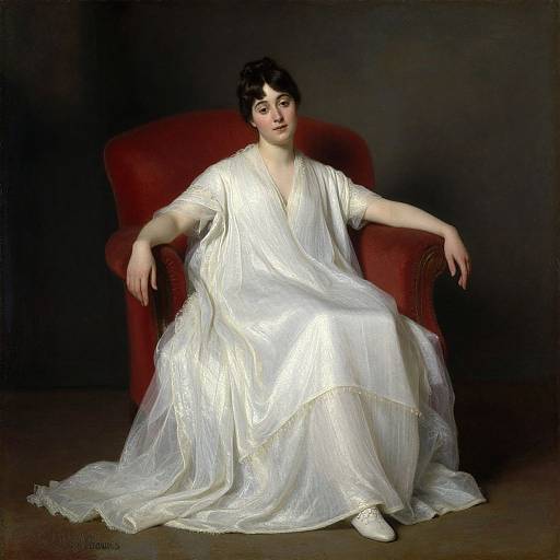 Photorealistic painting of a fair-skinned woman with dark hair, wearing a white, flowing, glistening gown, seated in a red armchair