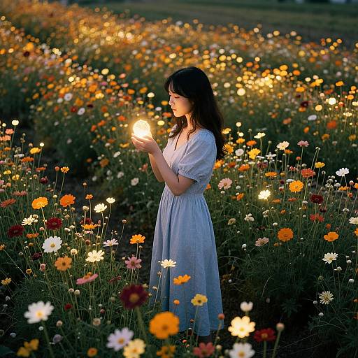 Photograph of a young woman with long dark hair, wearing a light blue dress, holding a glowing light in a vibrant field of colorful flowers at sunset
