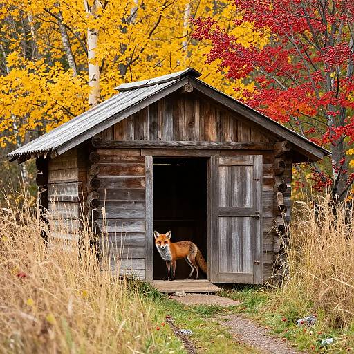 Photograph of a rustic, weathered wooden shed with a red fox standing in its open doorway, surrounded by vibrant autumn foliage in yellow and red.