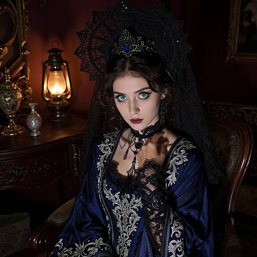 Gothic-style photograph of a pale woman with green eyes, black lace veil, and intricate blue lace dress, seated in a dimly lit room