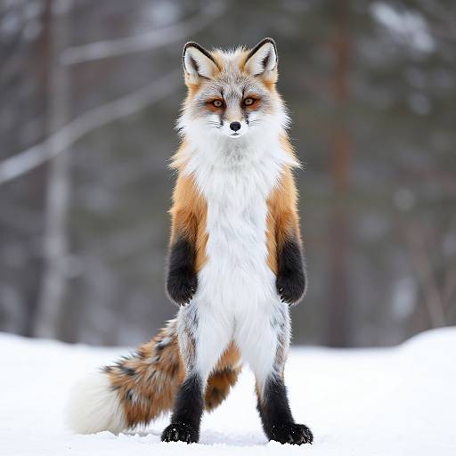 Photograph of a standing red fox with orange fur, white chest, and black legs, in a snowy forest background.