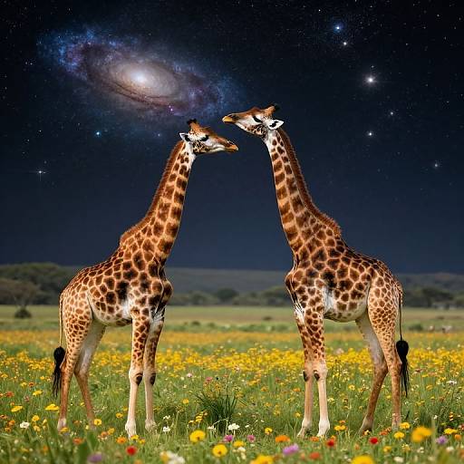 Photograph of two giraffes standing in a colorful flower field under a starry night sky with a visible galaxy, leaning toward each other.