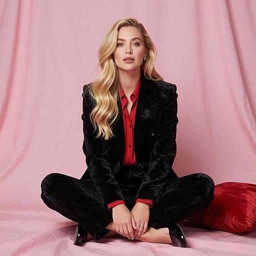 Blonde Woman in Velvet Suit on Pink