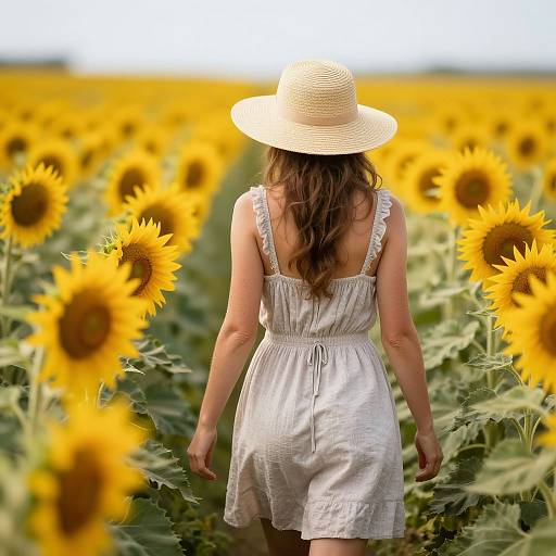 Lady in Sunflower Field Summer Scene