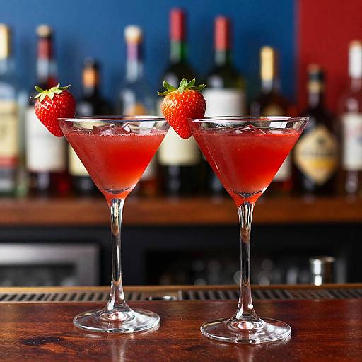 Photograph of two martini glasses with vibrant red drinks, each garnished with a fresh strawberry, on a wooden bar counter. Blurred background of
