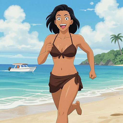 Digital cartoon of a smiling, tan-skinned woman with black hair, wearing a brown bikini and sarong, running on a sunny beach with a blue