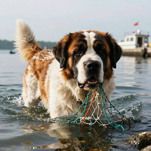 Saint Bernard Retrieving Nets in Harbor