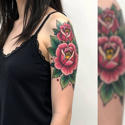 Photograph of a woman's black-lace sleeve arm showcasing vibrant, pink tattooed roses with green leaves and yellow centers.