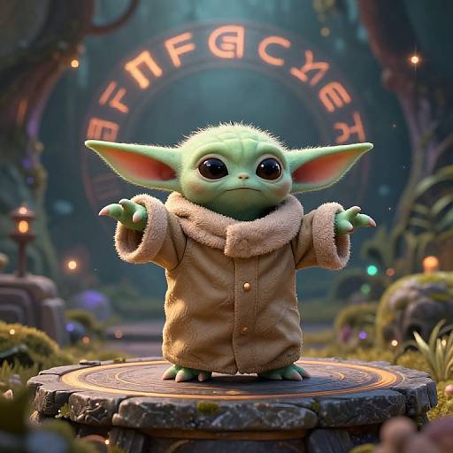 CGI image of a cute, green, goblin-like creature with large ears, wearing a beige coat, standing on a glowing pedestal in a mystical