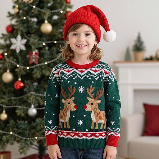 Photograph of a smiling young girl with light brown hair, wearing a red Santa hat and green Christmas sweater with reindeer, standing in front of a