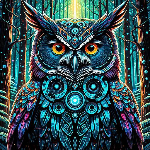 Psychedelic Cybernetic Owl in Luminescent Forest