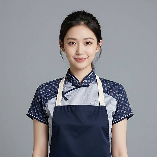 Photograph of an Asian woman with black hair in a bun, wearing a navy blue patterned shirt and black-and-white apron, smiling against a
