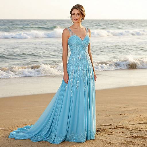 Photograph of a woman in a sparkling, light blue, floor-length evening gown with lace details, standing on a sandy beach with waves in the background