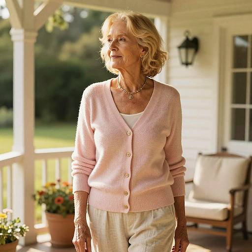 Senior Woman in Pastel Cardigan on Cozy Porch