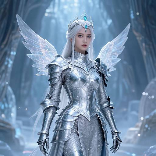 Digital CGI image of a white-haired, fair-skinned, armored female warrior with glowing blue wings and crown, standing in a snowy, ethereal cavern