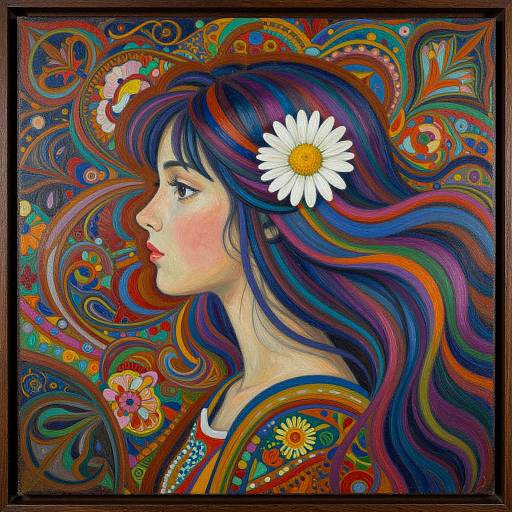 Vividly colored digital painting of a young woman in profile with long, flowing purple and blue hair, a white daisy in her hair, surrounded