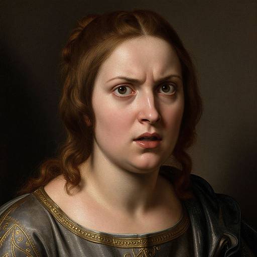 Photograph of a young woman with fair skin, brown wavy hair, and expressive blue eyes, wearing a medieval-style grey garment, against a dark