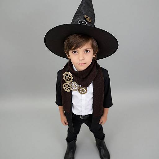Photograph of a young boy with brown hair, wearing a black witch hat, black scarf with gears, white shirt, black jacket, and pants,