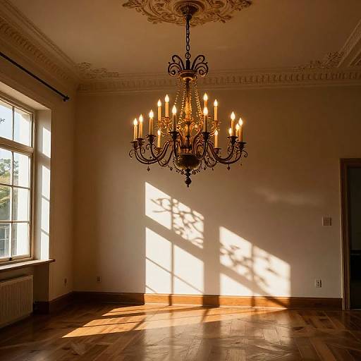 Photograph of an elegant, sunlit room with ornate ceiling, vintage chandelier, wooden parquet floor, and large window casting shadows.