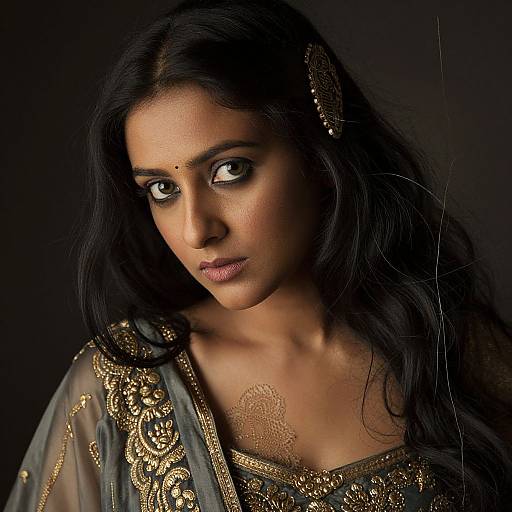 Photograph of a serious Indian woman with long black hair, wearing an intricately embroidered gold and grey traditional outfit, against a dark background.