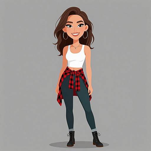 Digital illustration of a smiling young woman with long brown hair, wearing a white tank top, blue jeans, black boots, and a red plaid shirt