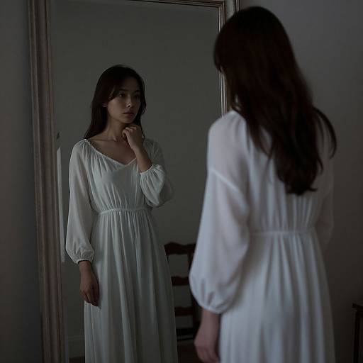 Photograph of a woman with long dark hair, wearing a white, long-sleeved, flowing dress, standing in front of a mirror in dim