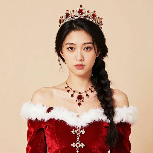 Photograph of an Asian woman with long black hair in a braid, wearing a red velvet off-shoulder dress with white fur trim, a
