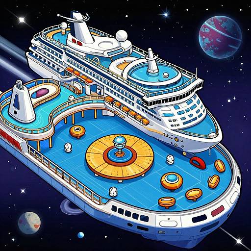Colorful, cartoon-style illustration of a large, white cruise ship with multiple decks, pools, and orange circular water features, floating in a starry
