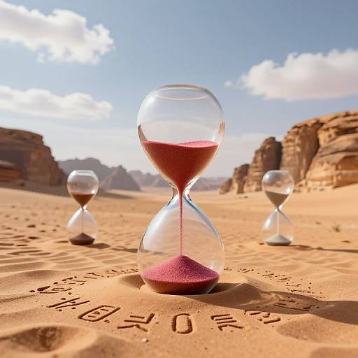 Photograph of three glass hourglasses with red sand on a sunlit desert, rocky cliffs in background, 