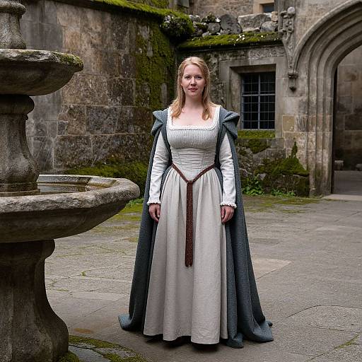 Photograph-style digital art of a blonde woman in a white medieval dress and gray cloak, standing in a mossy stone courtyard with a fountain and ar