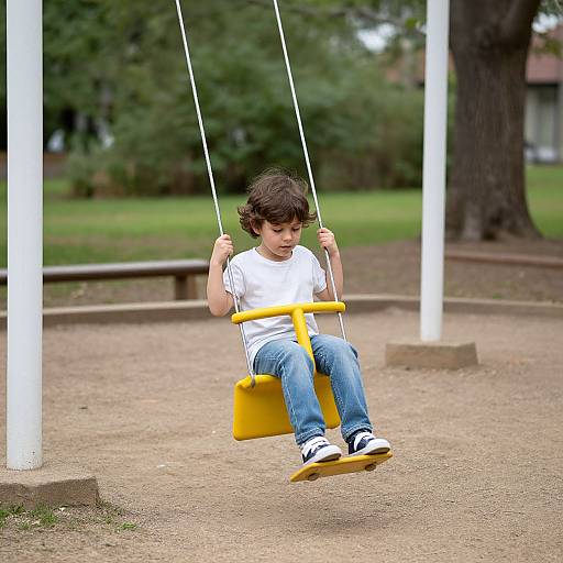 Photograph of a young boy with curly brown hair, wearing a white t-shirt and blue jeans, swinging on a yellow seat in a park.