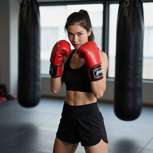 Photograph of a focused, muscular woman in black sports bra and shorts, wearing red boxing gloves, standing in a gym with boxing bags. Bright natural