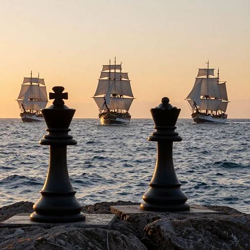 Photograph of two large, silhouetted chess pieces in foreground, overlooking three sailing ships with billowing sails on a sunset ocean horizon.