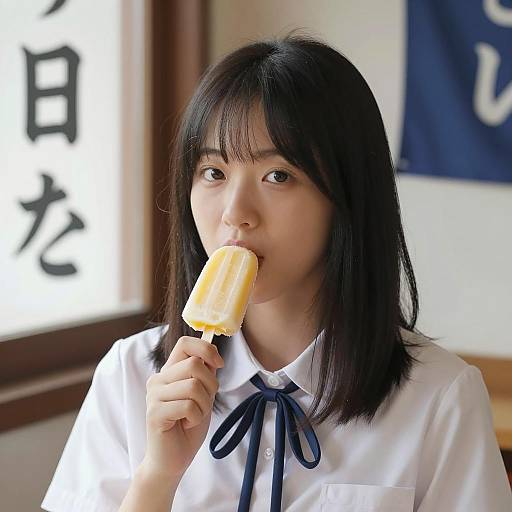 Asian Woman Eating Yellow Popsicle Indoors