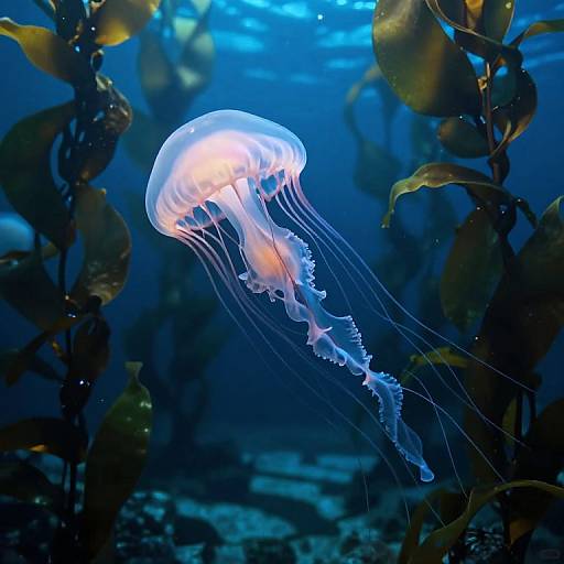 Photograph of a glowing, translucent jellyfish with delicate, flowing tentacles floating amidst dark, underwater seaweed in a vibrant blue ocean.