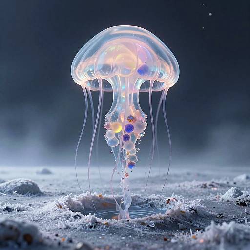Multicolored Alien Jellyfish on Snowy Planet