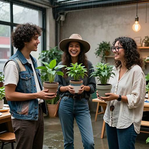 Photograph of three smiling, curly-haired friends in a modern, plant-filled café, exchanging potted green plants while wearing casual denim and white outfits.
