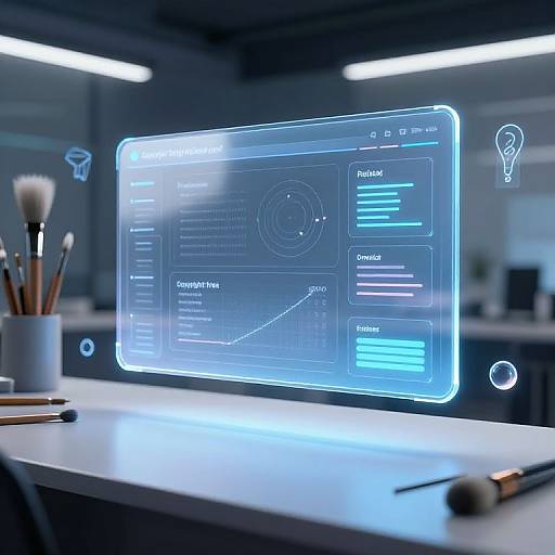 Digital interface screenshot of a futuristic, glowing blue interface on a modern desk, featuring a graph, settings, and icons, with blurred background and artist's