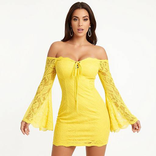 Photograph of a young woman with long brown hair, wearing an off-shoulder, yellow lace mini dress with long sleeves, standing against a white