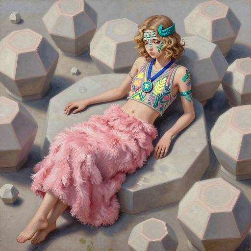 Digital art of a blonde woman with wavy hair, wearing a colorful crop top, turquoise arm bands, and a pink furry skirt, reclining on