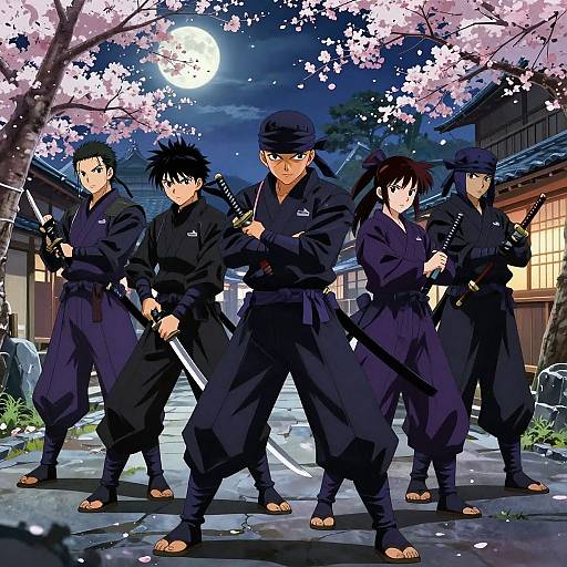 Anime-style illustration of five ninja warriors in black attire, standing with swords under a moonlit cherry blossom tree.