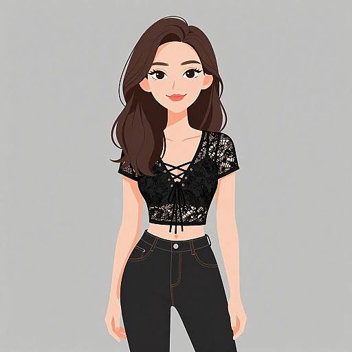 Smiling Woman in Black Lace-Up Top