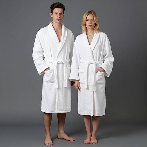 Photograph of a young Caucasian man and woman standing side-by-side, both wearing white, knee-length bathrobes, barefoot, against a gray