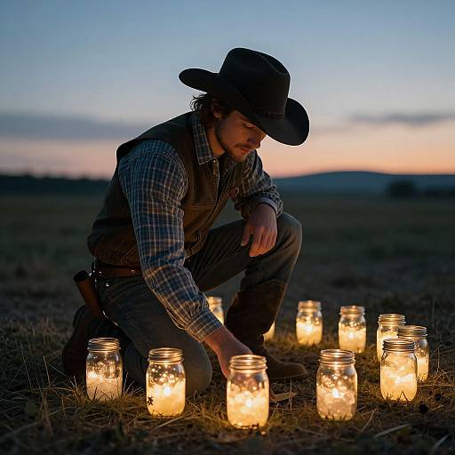 Photograph of a bearded man in a cowboy hat, plaid shirt, and vest, kneeling in a dark field at dusk, lighting glass jars