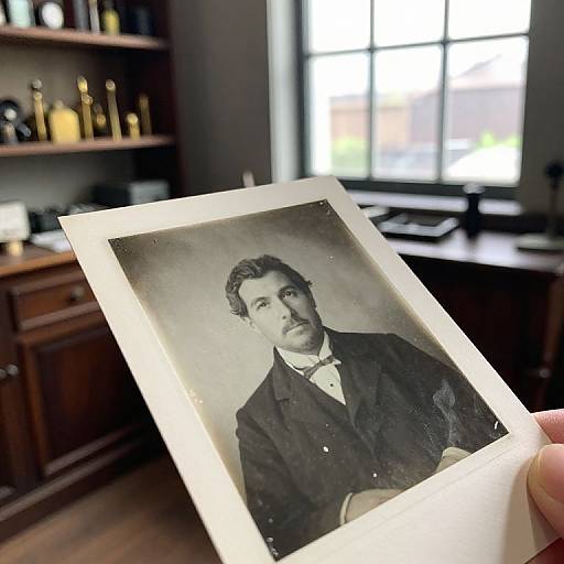 Photograph of a black-and-white portrait of a mustached man in a suit, held up by a hand in a dimly lit, wooden-f
