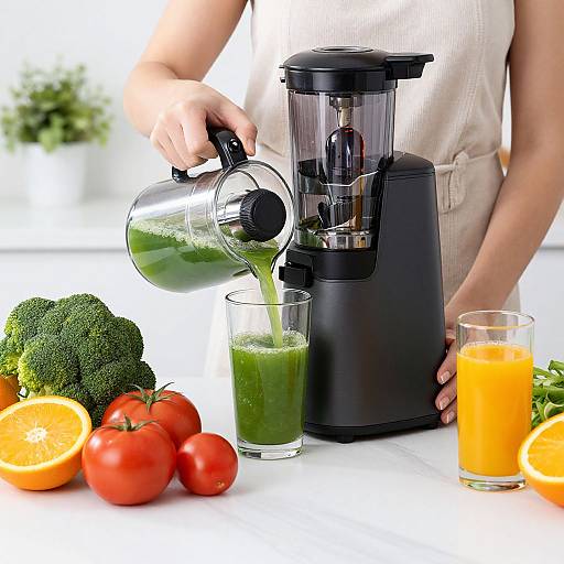 Woman Using Black Juicer with Fresh Produce