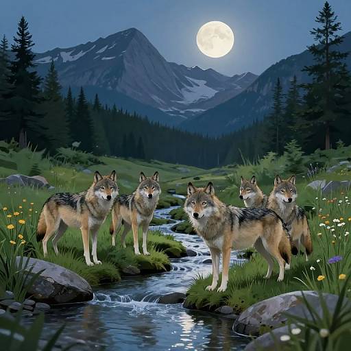 Digital painting of five wolves standing in a grassy meadow beside a flowing stream at night, with a full moon illuminating snow-capped mountains and