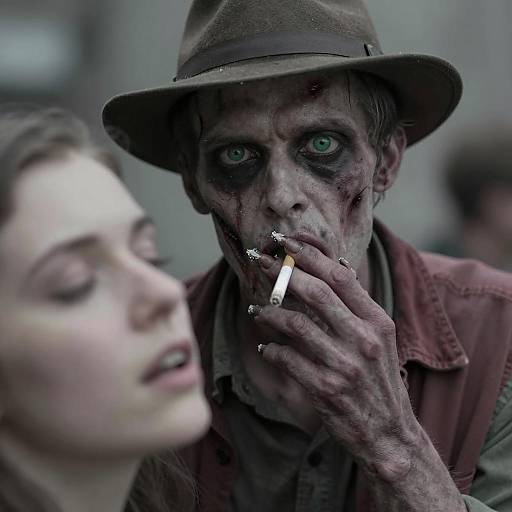Zombie Man Smoking with Woman in Foreground